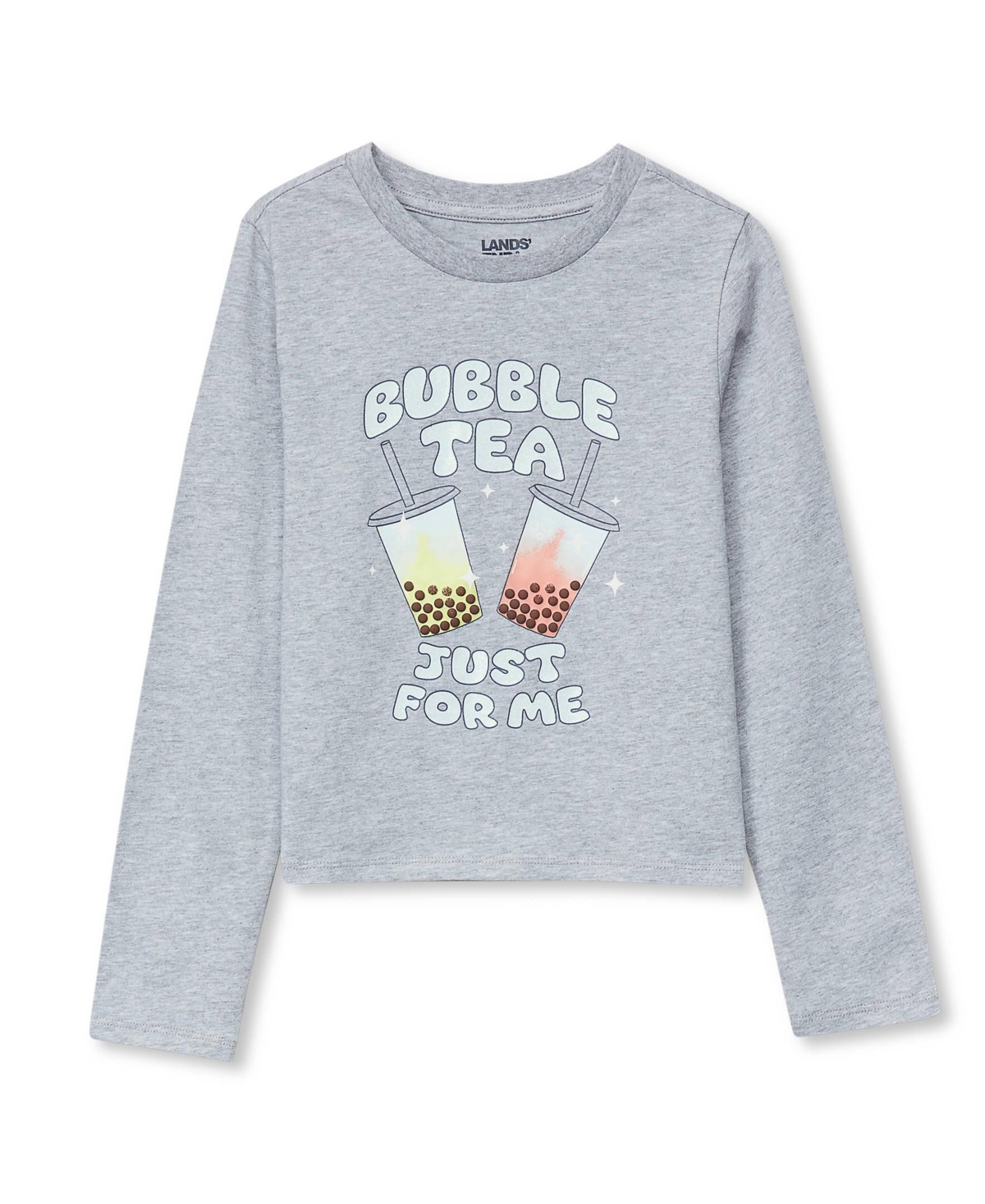 Lands' End Girls Long Sleeve Graphic Meet and Greet Tee - Glitter/bubble tea/gray