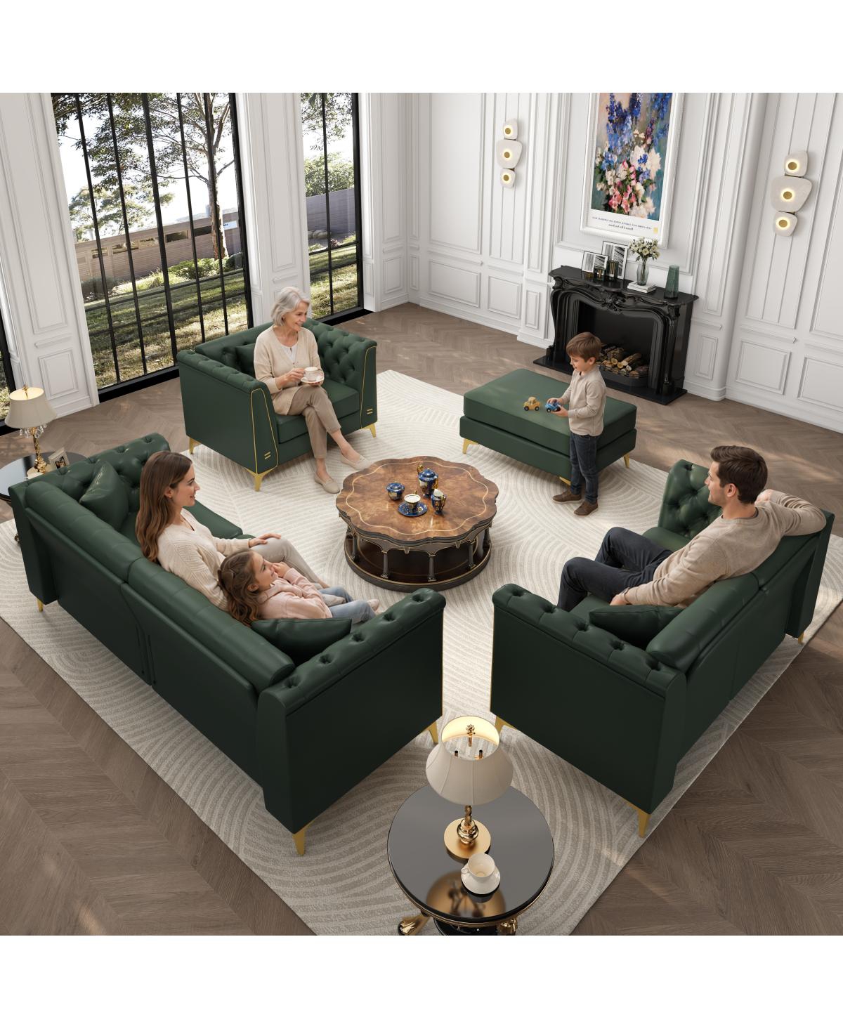 Streamdale Furniture Light Luxury Modular Chesterfield Faux Leather Sofa with Pillows - Green