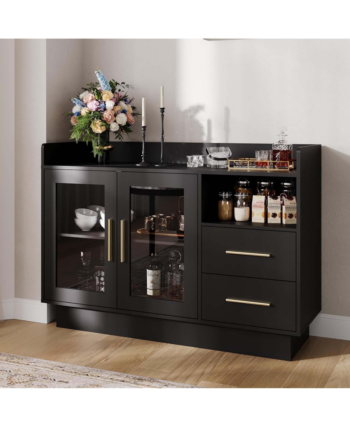 homfan Led Wine Bar Cabinet 2-Tier Mdf Glass Doors Storage Drawers Home Bar Furniture for Kitchen Dining Room