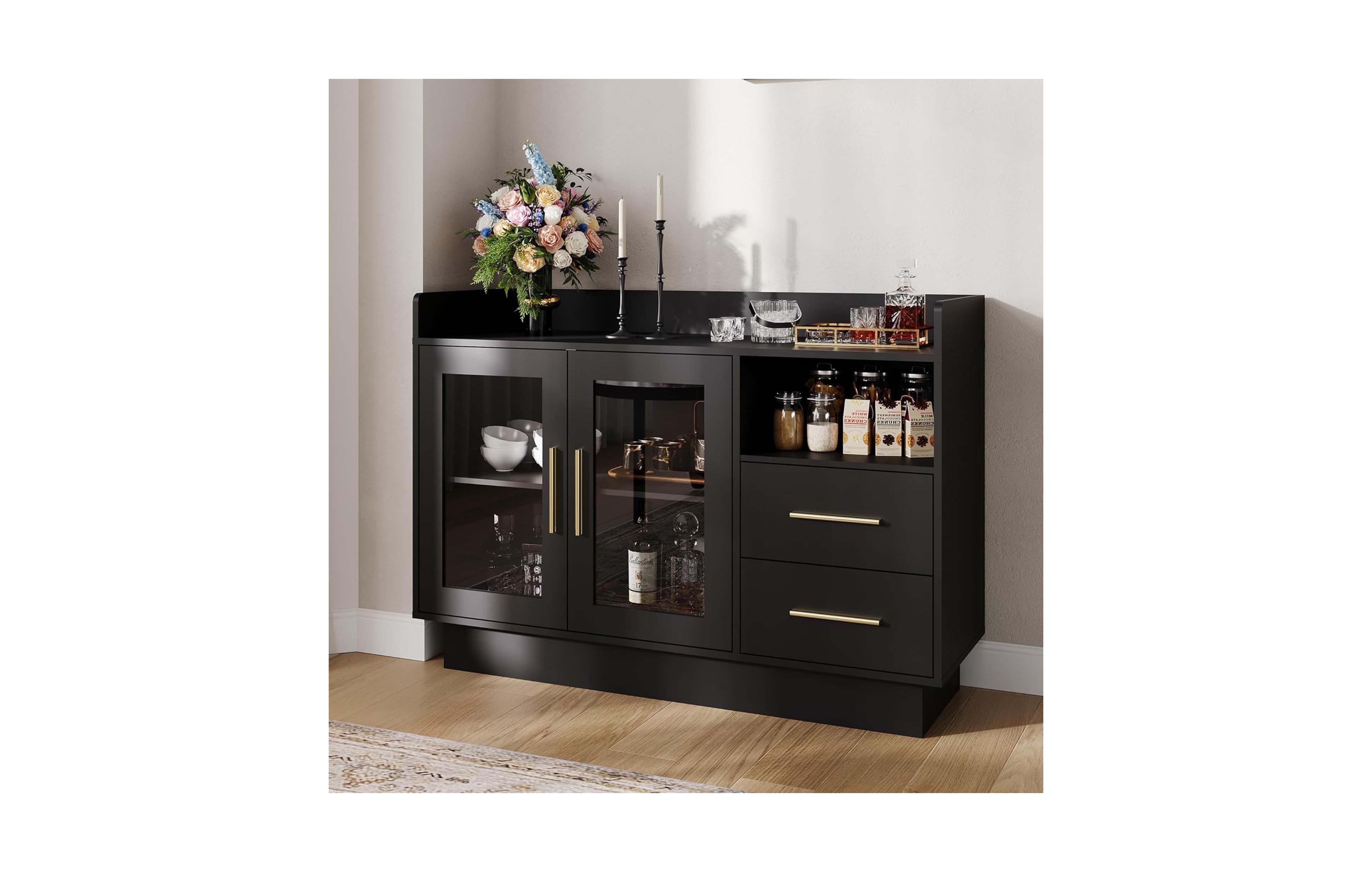 homfan Led Wine Bar Cabinet 2-Tier Mdf Glass Doors Storage Drawers Home Bar Furniture for Kitchen Dining Room