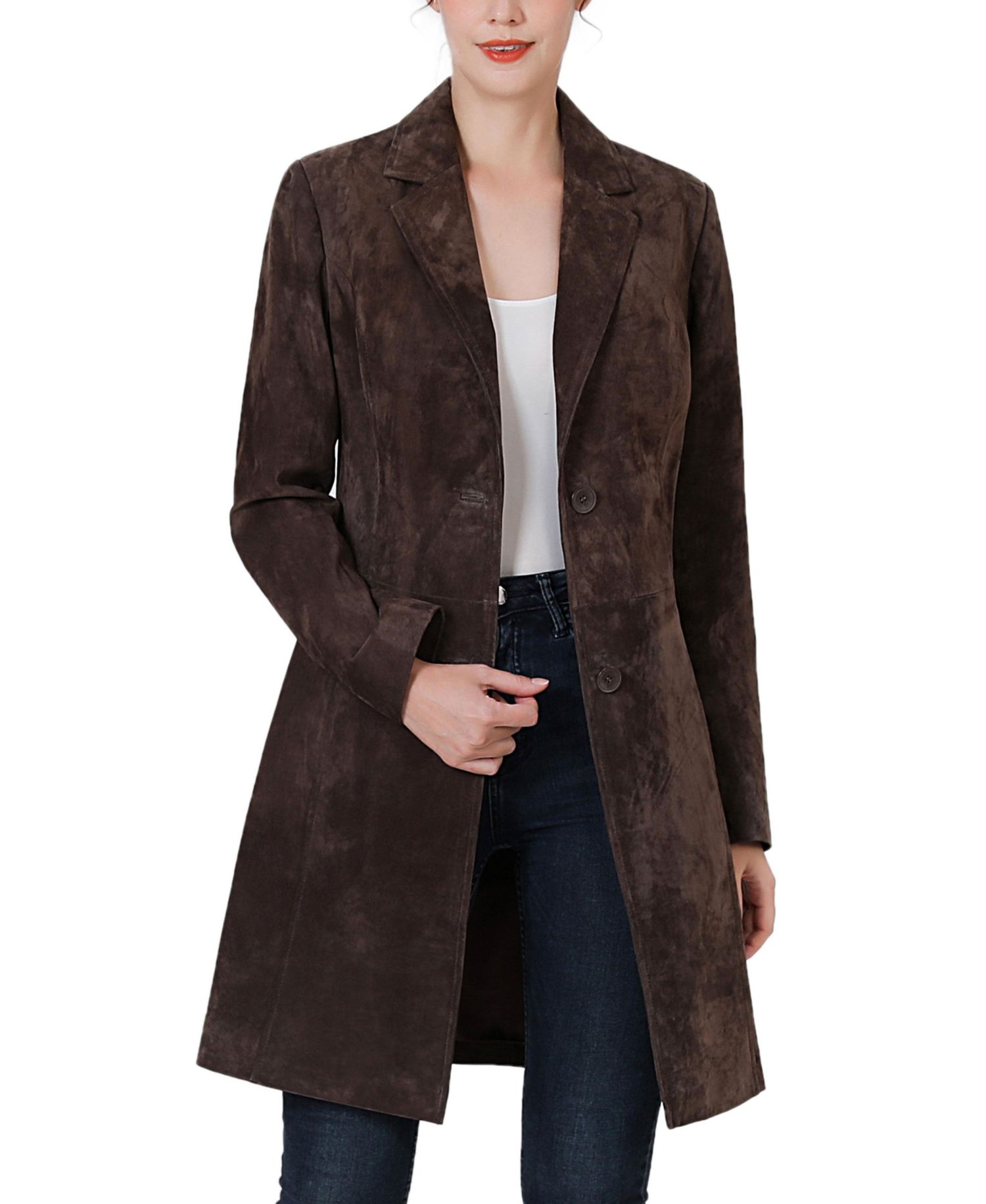 Women's Mary Suede Leather Notch Lapel Button-Front Coat