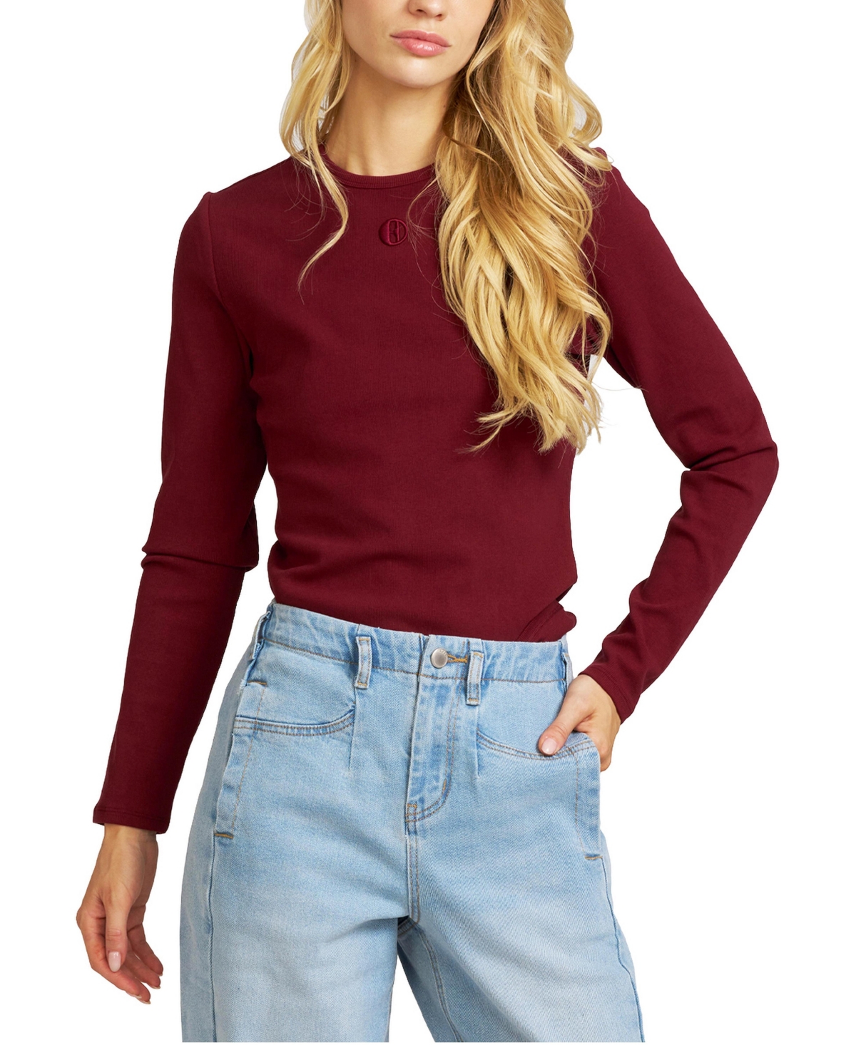 Elle Collection Women's Embroidered Ribbed-Knit Long-Sleeve T-Shirt - Current wine burgundy