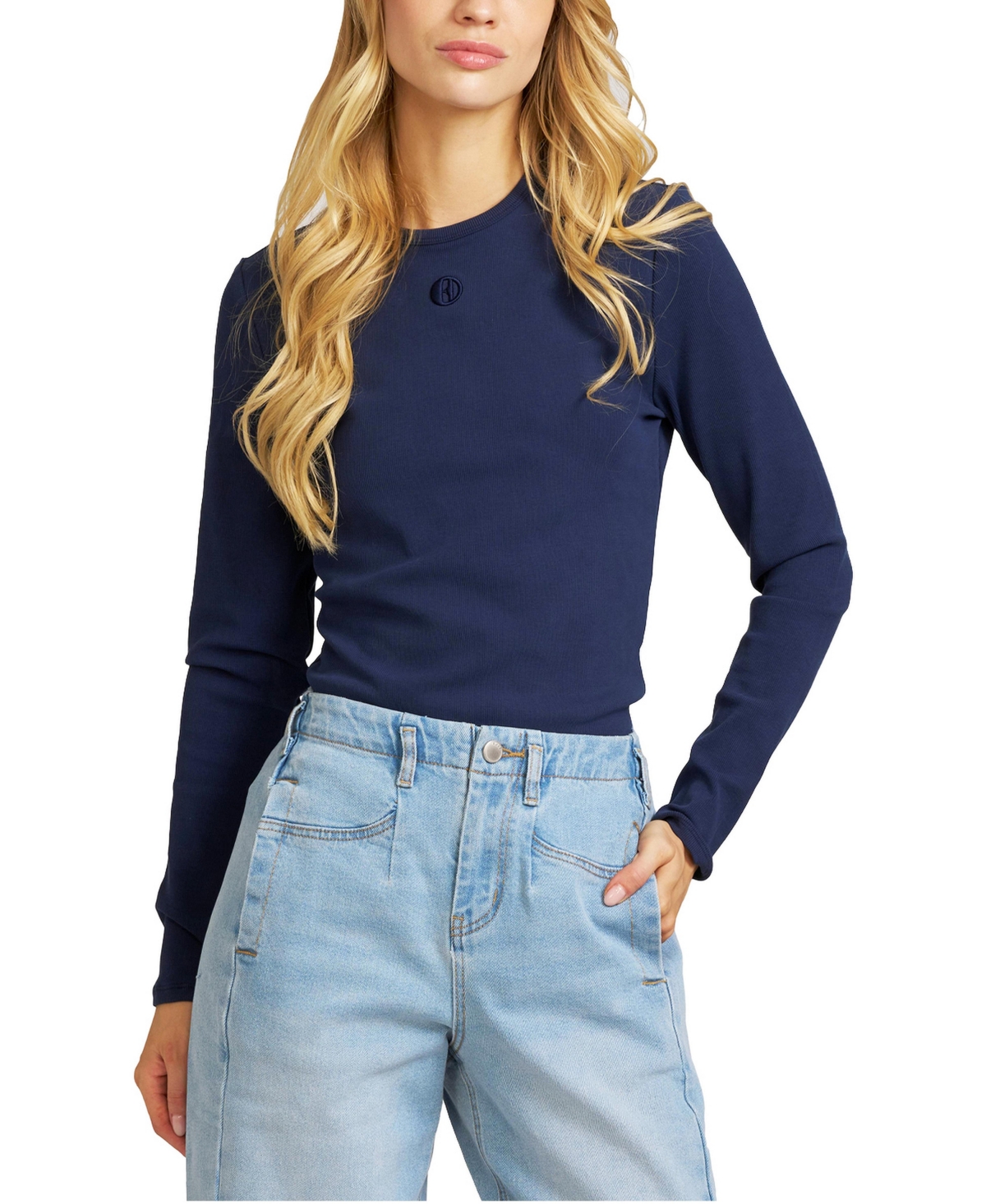 Elle Collection Women's Embroidered Ribbed-Knit Long-Sleeve T-Shirt - Navy blue