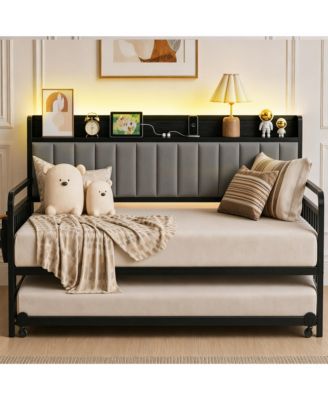 2-in-1 Metal Daybed with Pull-Out Trundle, RGB LED Lighting, USB-C Charging Headboard, and Storage Pockets for Guest Rooms & Apartments.