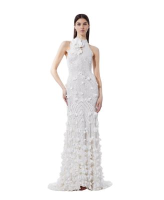 Women's Crystal Rosette Halter-Neck Maxi Dress