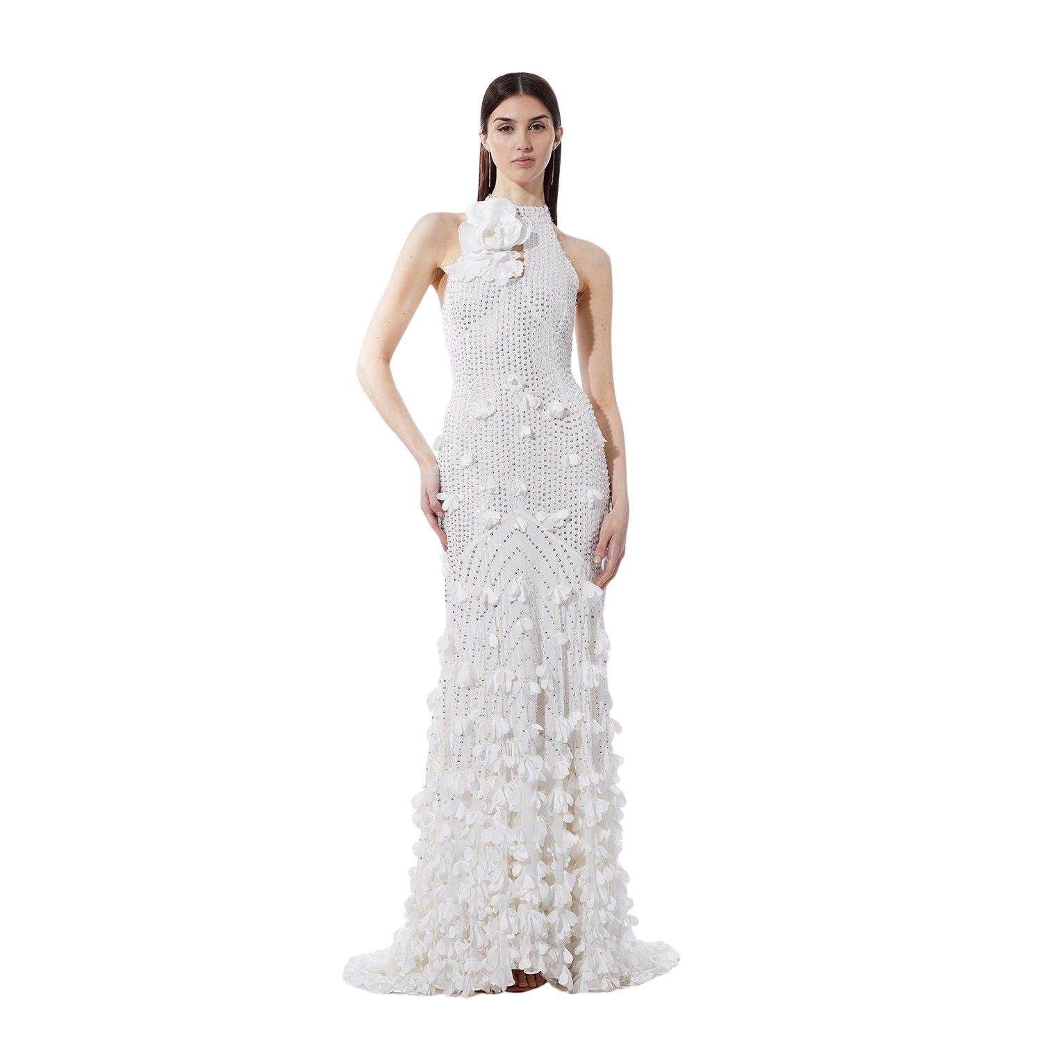 Women's Crystal Rosette Halter-Neck Maxi Dress