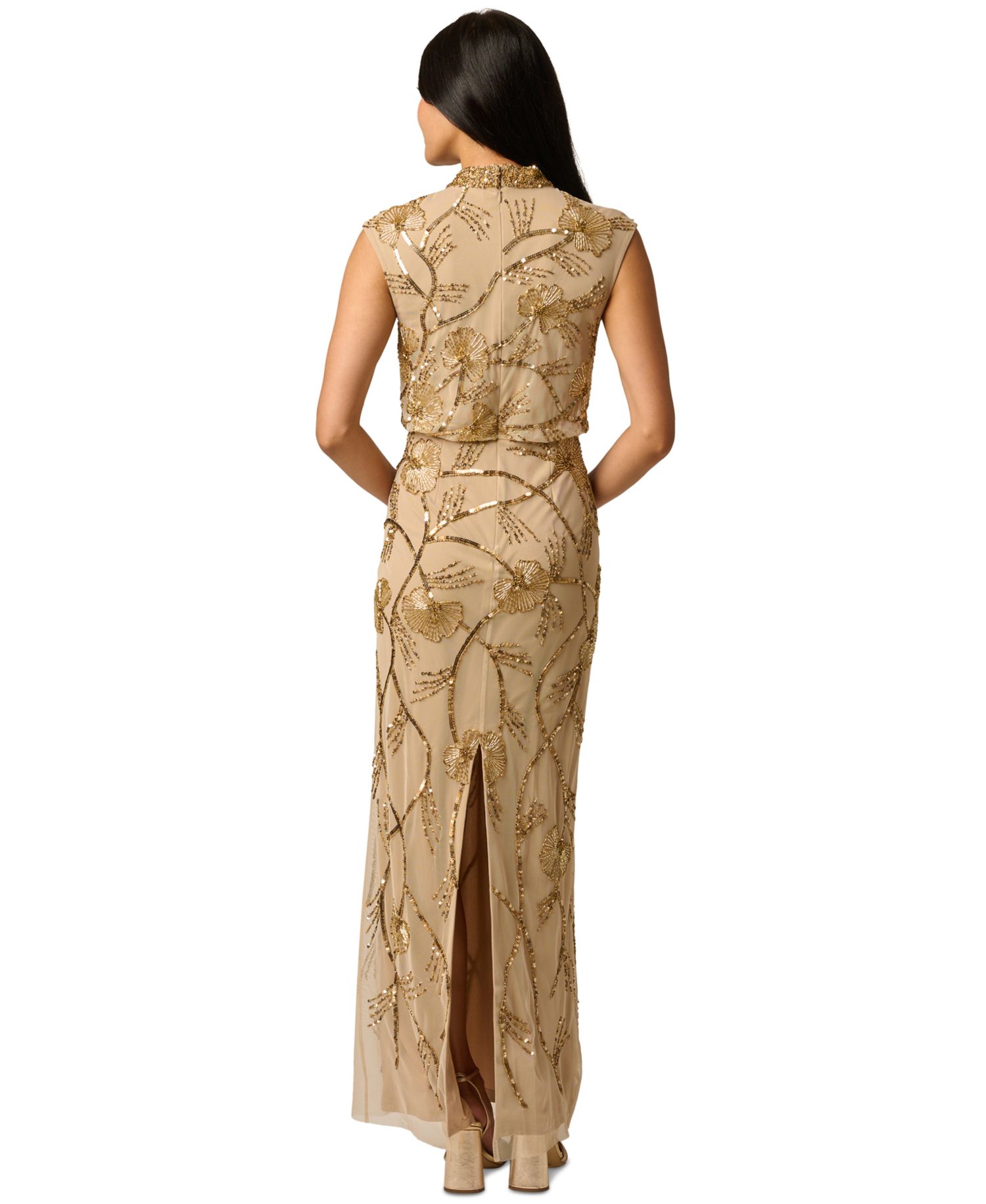Petite Deco Floral Beaded Mock Neck Gown
