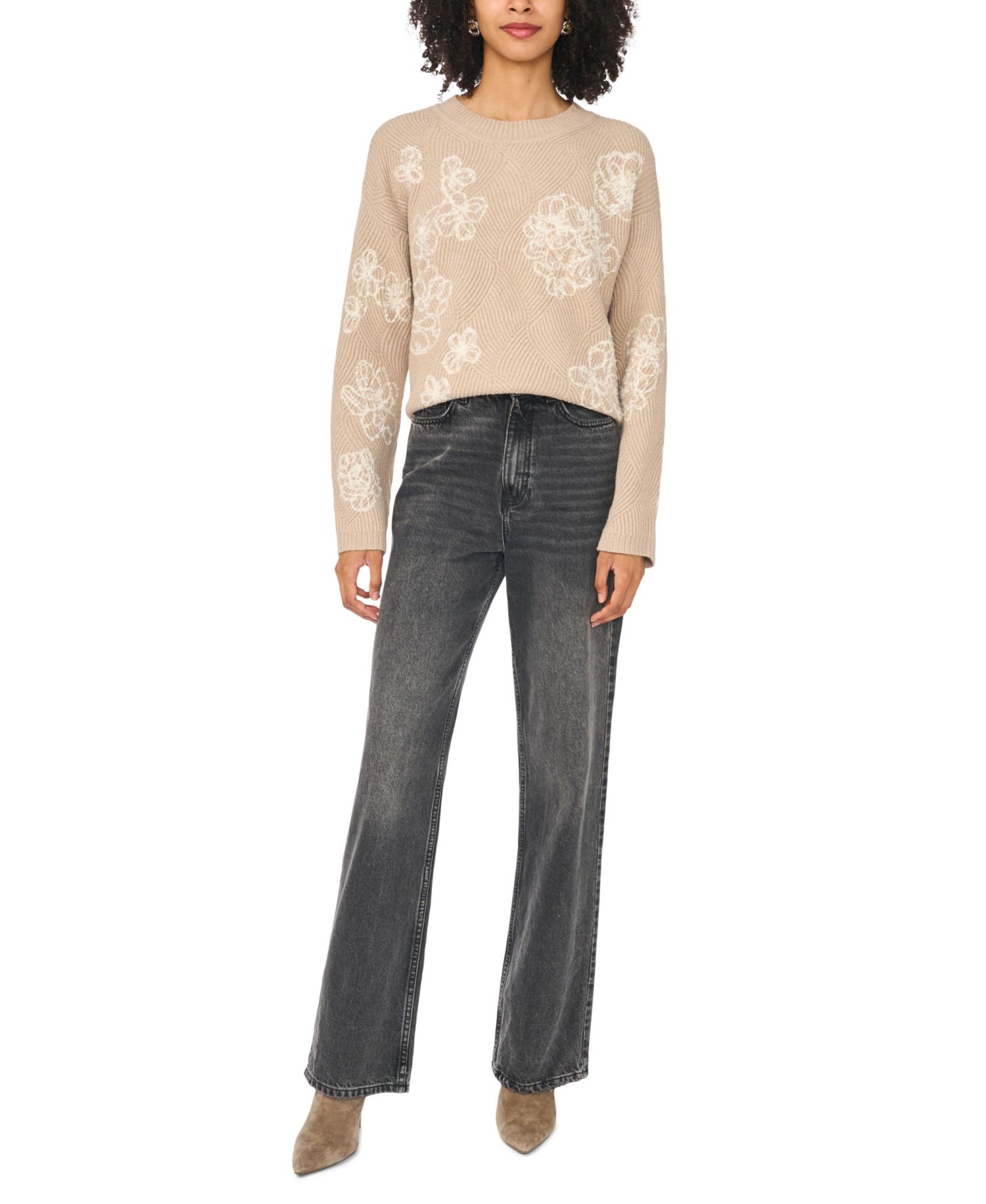 Women's Crewneck Floral-Embroidered Long-Sleeve Sweater