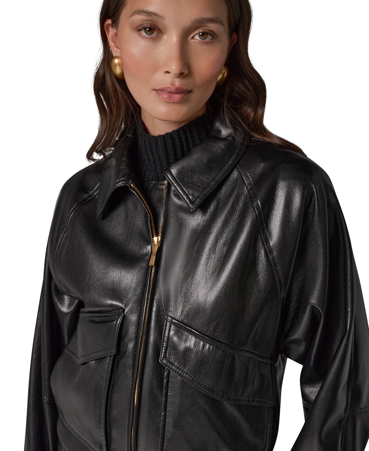 Women's Short Raglan Collared Faux Leather Jacket