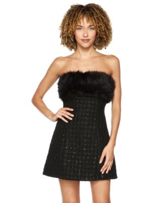 Juniors' Strapless Sequin Feather-Trim Mini Dress