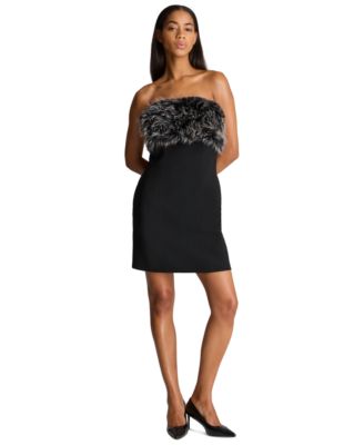 Women's Faux Fur-Trim Textured Crepe Hourglass Mini Dress