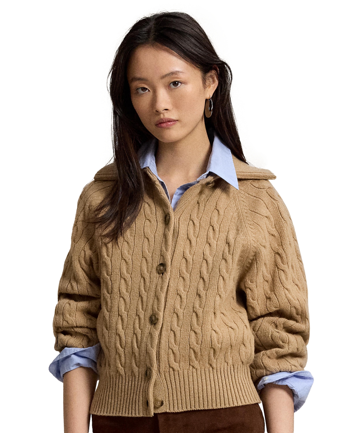 Polo Ralph Lauren Women's Cable-Knit Wool-Cashmere Blend Cardigan Sweater - Collection Camel Melange