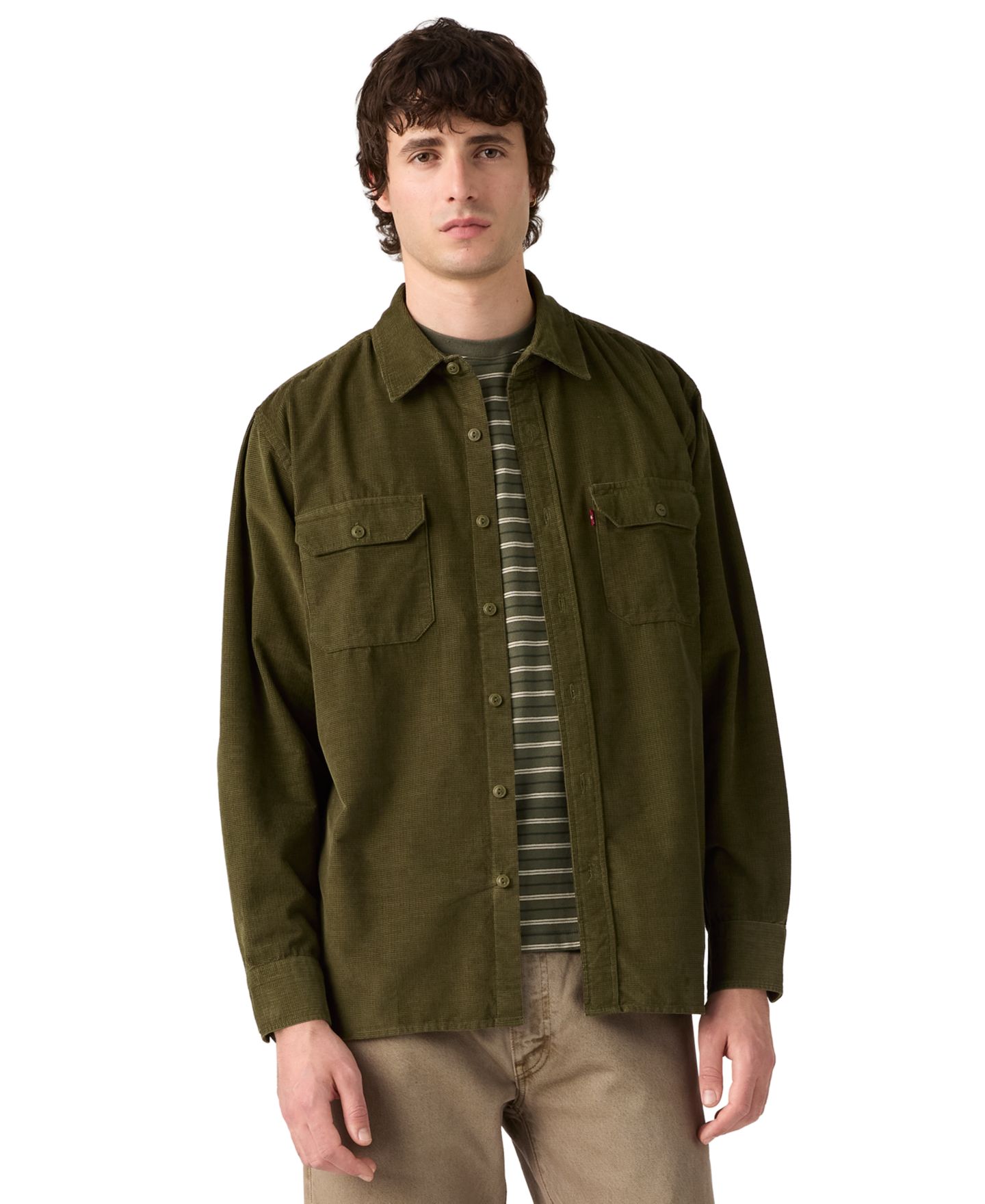 Мужская рубашка Levi's Jackson Worker Corduroy Long-Sleeve Regular-Fit Overshirt, цвет: Оливковый ночной — фото 1