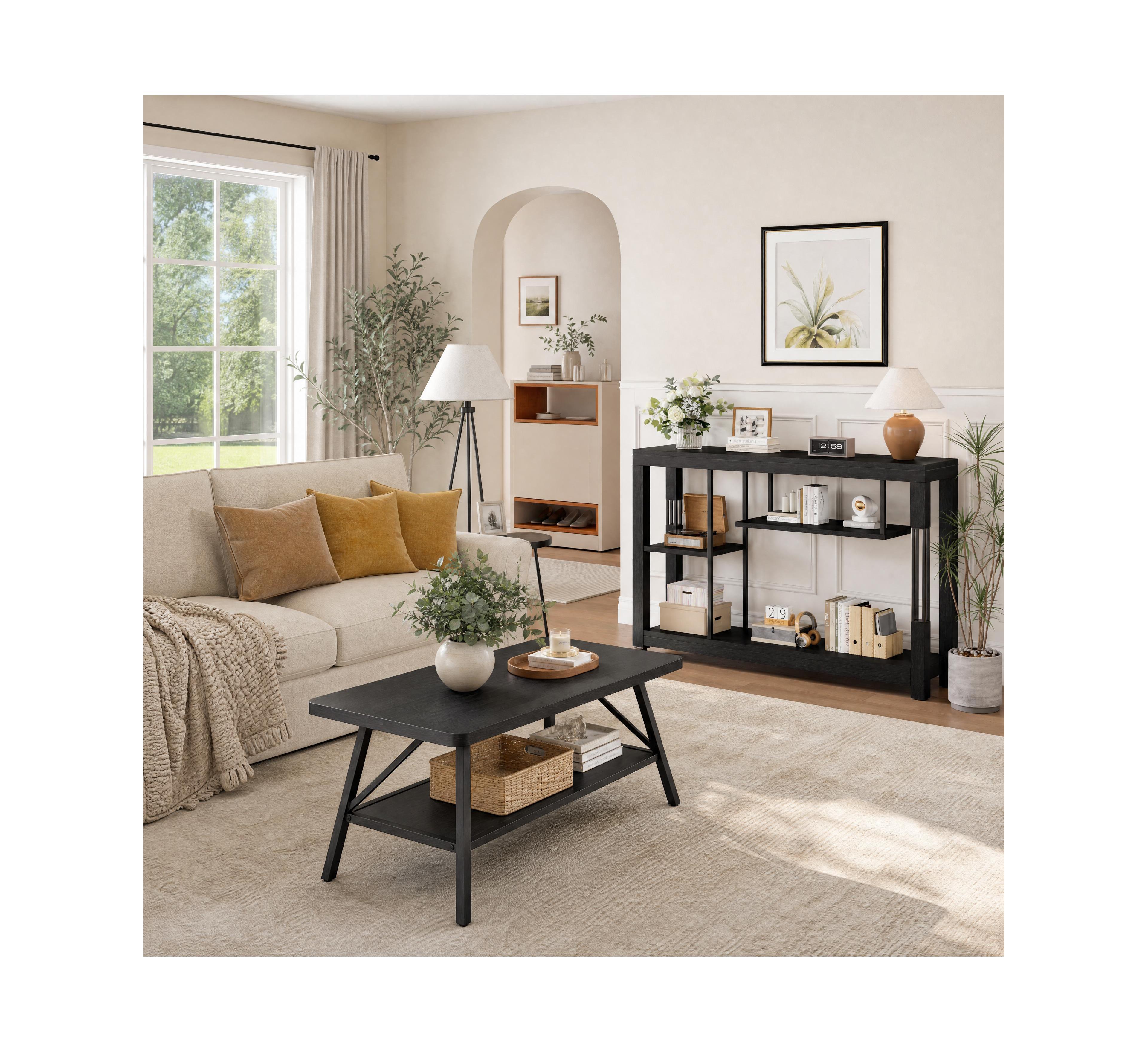 gaomon Industrial Farmhouse Living Room Set – 47.2" Console Table and 39" Coffee Table, 2-Piece Storage Shelf for Small Spaces
