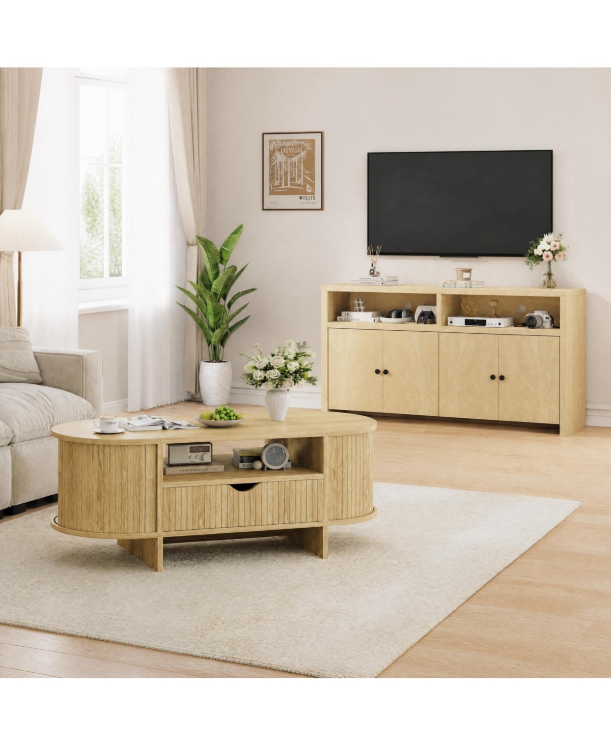 gaomon Fluted Oval Coffee Table 47" + Farmhouse 55" Buffet Sideboard - Adjustable Shelves, Water-Resistant, Living Room Storage Set - Natural