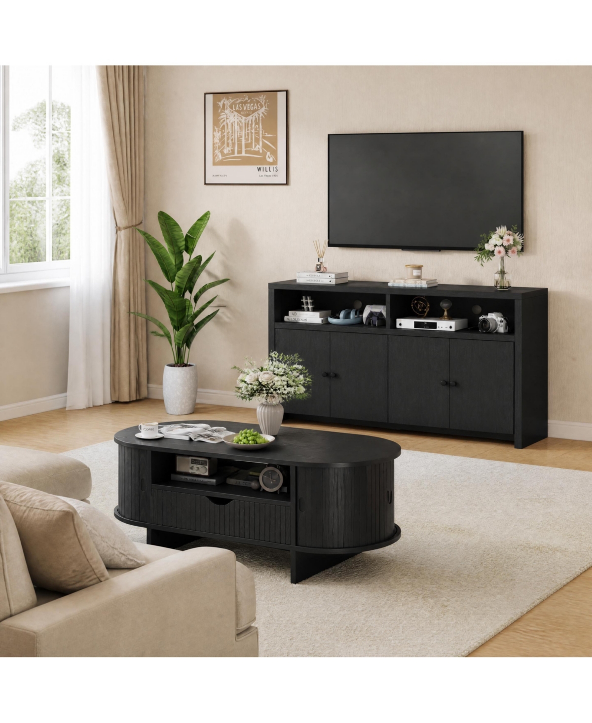 gaomon Fluted Oval Coffee Table 47" + Farmhouse 55" Buffet Sideboard - Adjustable Shelves, Water-Resistant, Living Room Storage Set