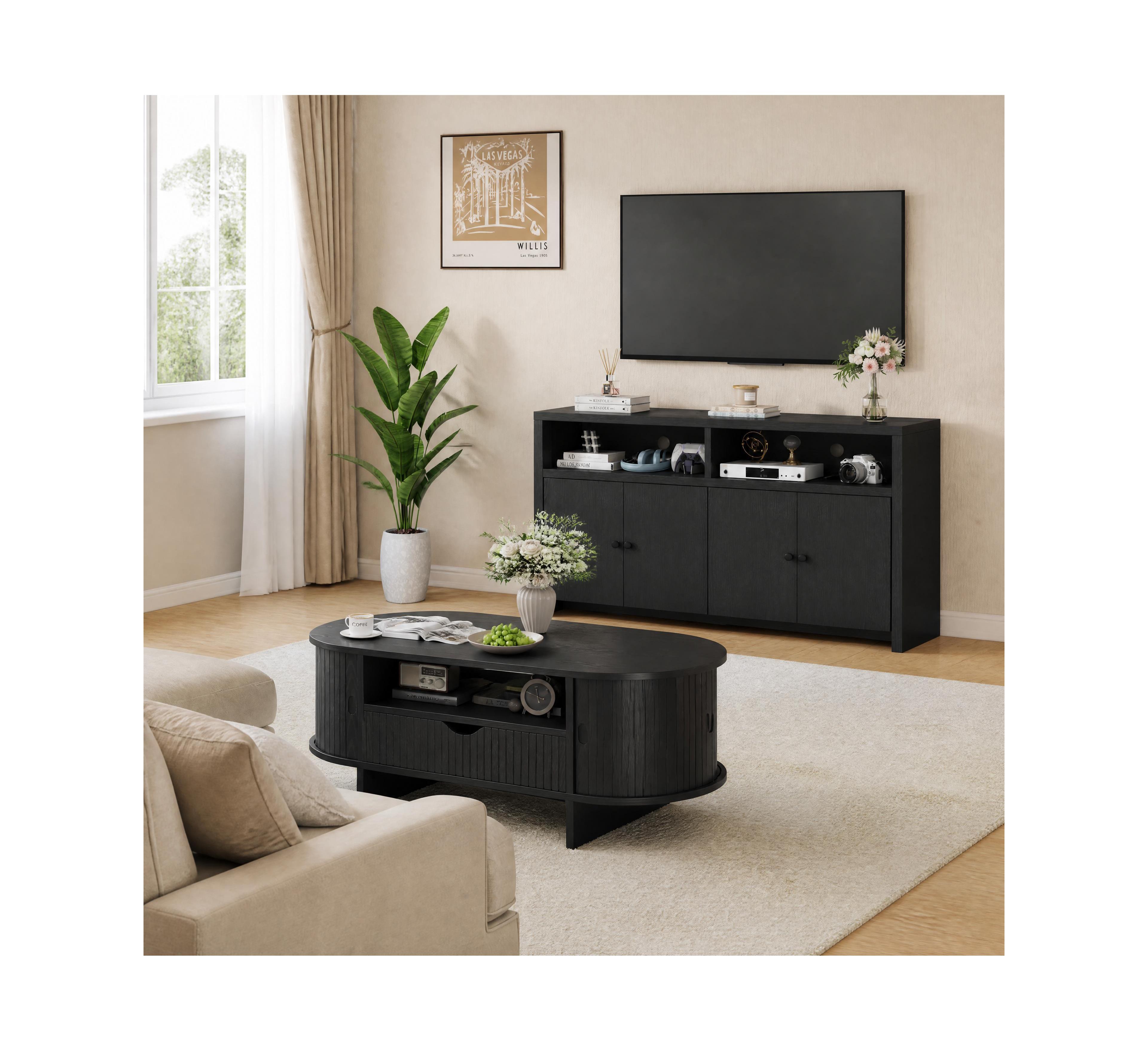gaomon Fluted Oval Coffee Table 47" + Farmhouse 55" Buffet Sideboard - Adjustable Shelves, Water-Resistant, Living Room Storage Set
