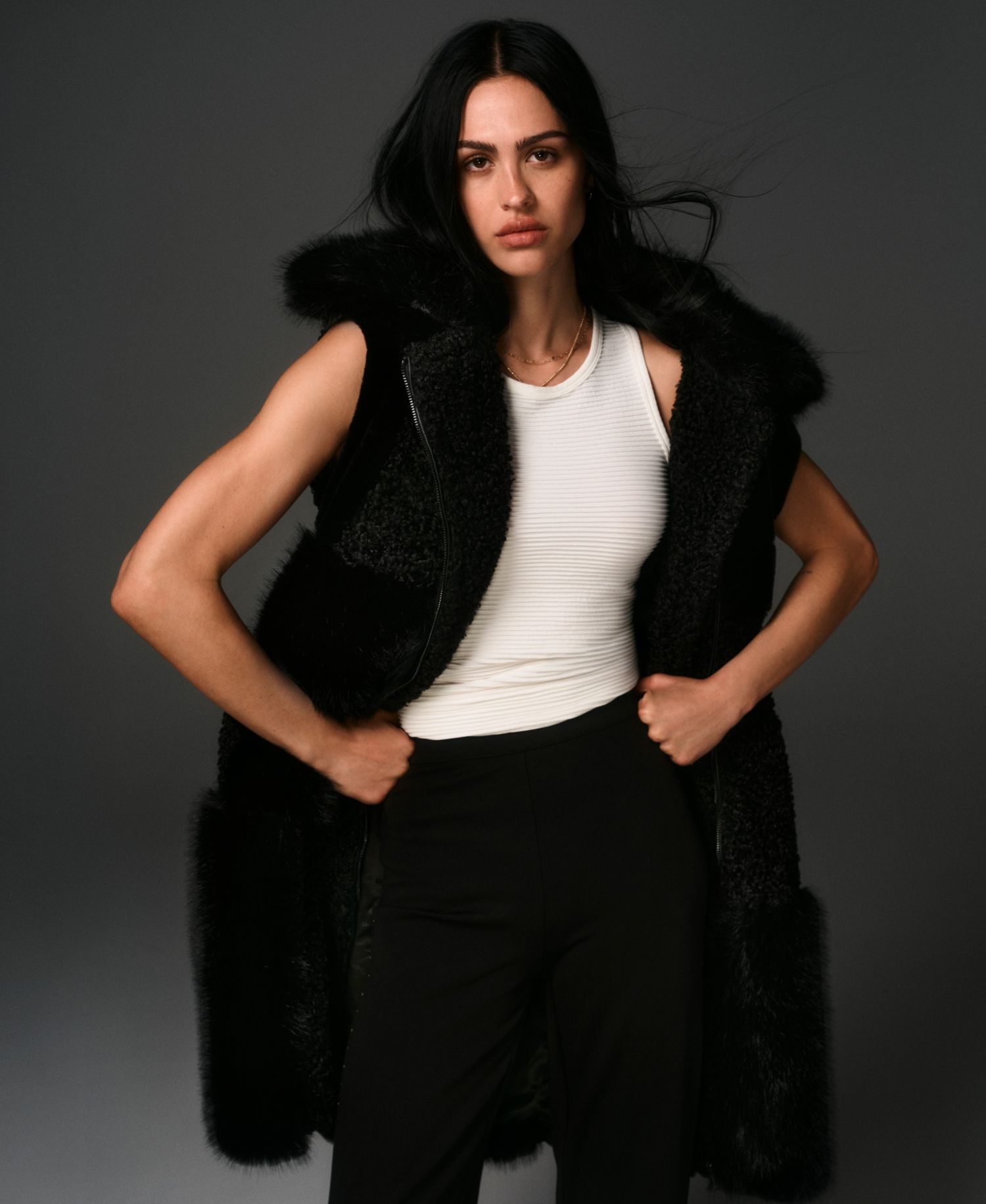 Women's Patch-Mix Mid-Length Collared Faux Fur Vest