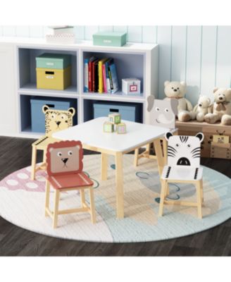 5 Piece Kiddy Table and Chair Set for 3-8 years old Cartoon Animals Solid Wood Play Table or Home Nursery Kindergarten