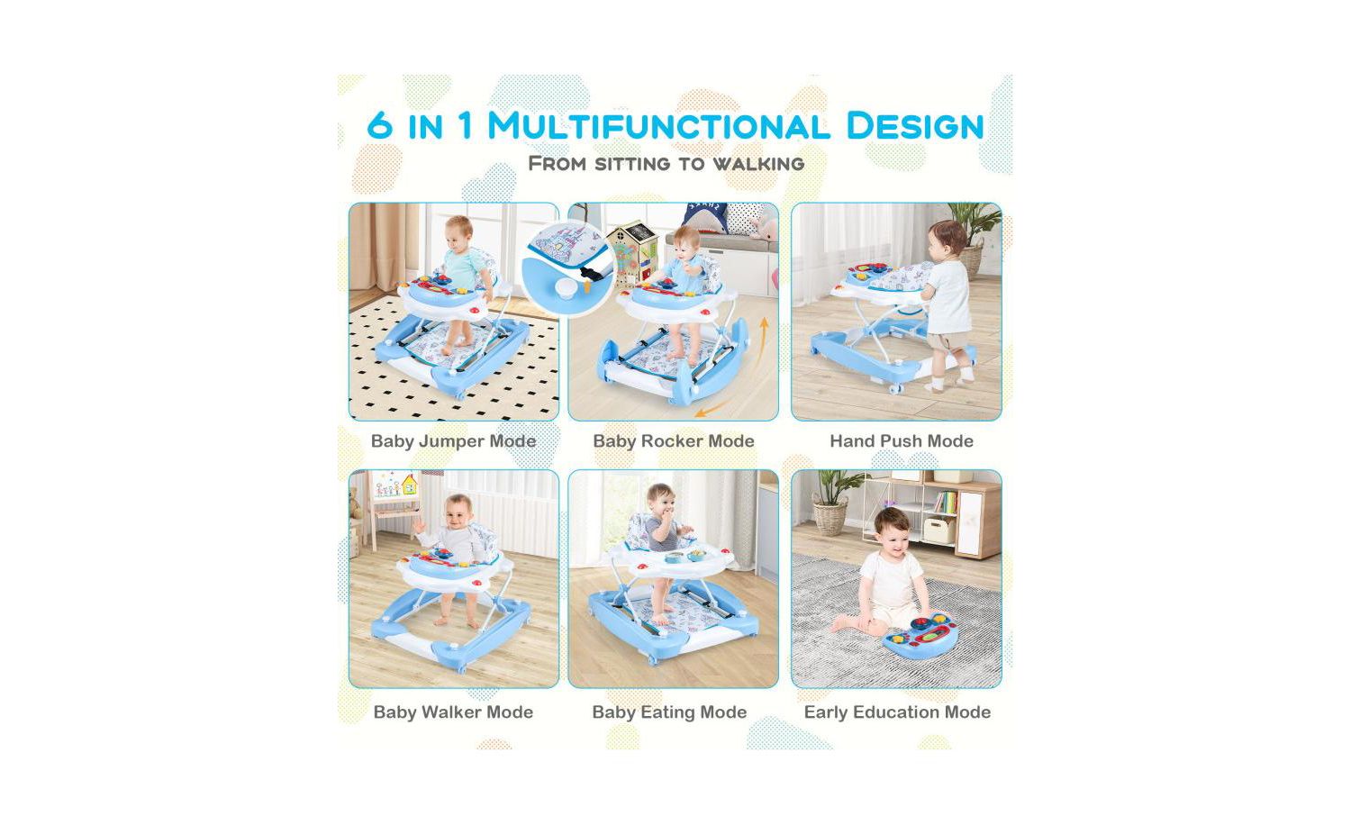 Foldable 6 in 1 Baby Walker with Adjustable Height for Infant Mobility and Play