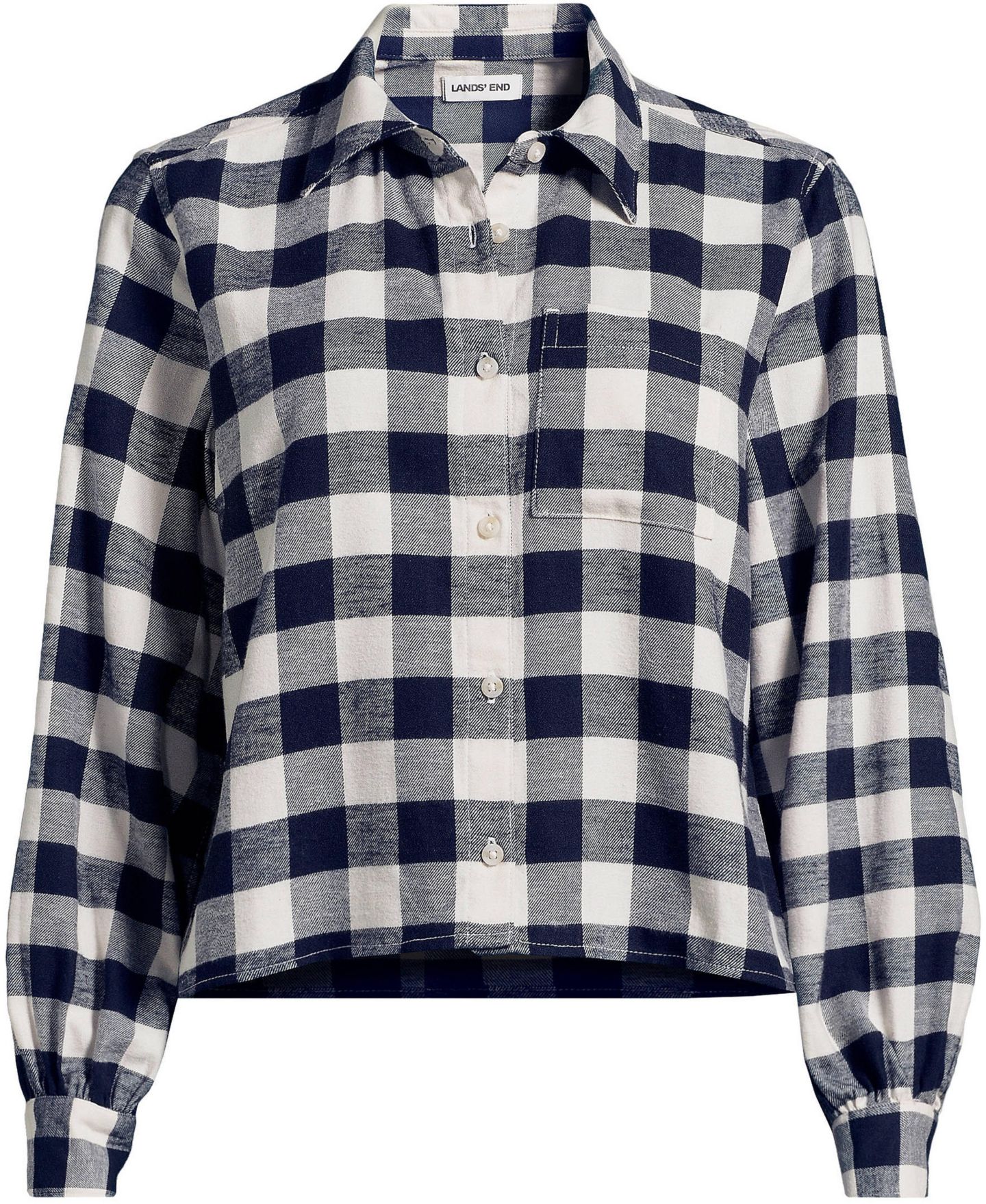 Женская рубашка Lands' End Cropped Flannel, цвет: Слоновая кость латте / Тёмно-синий клетчатый — фото 3