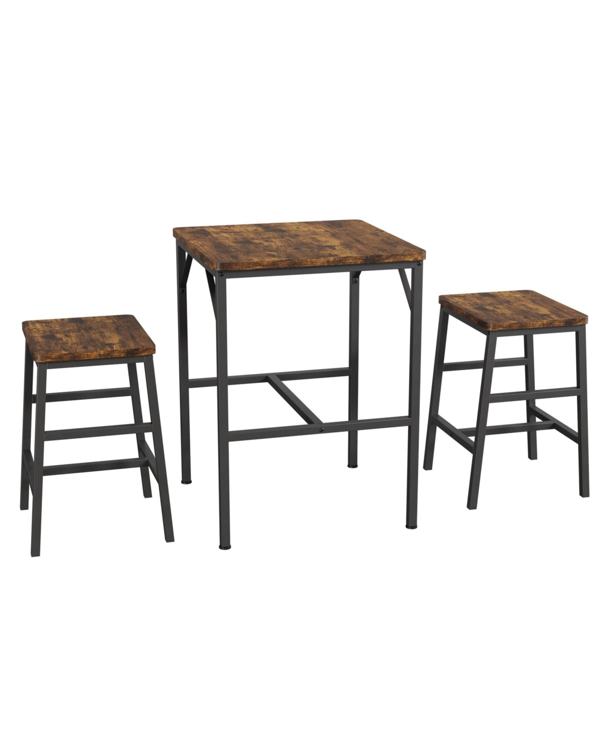 3 Piece Counter Height Dining Table Set For 2, Square High Top Pub Table With 2 Stools, Space Saving Industrial Bistro Set For Small Kitchen - Brown