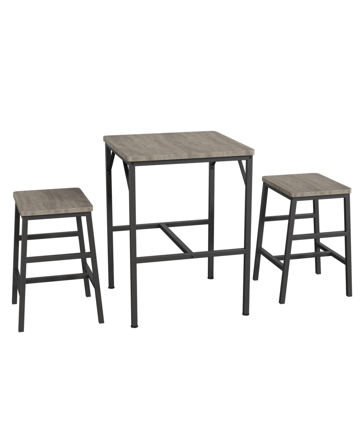 3 Piece Counter Height Dining Table Set For 2, Square High Top Pub Table With 2 Stools, Space Saving Industrial Bistro Set For Small Kitchen - Grey