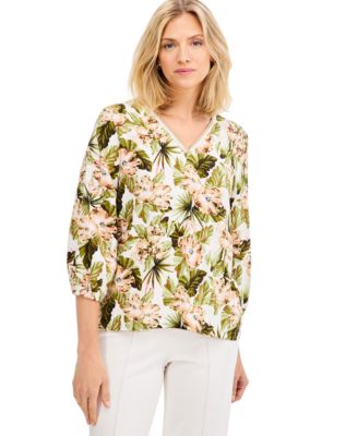 Women's Printed Crochet Linen-Blend 3/4-Sleeve V-Neck Top