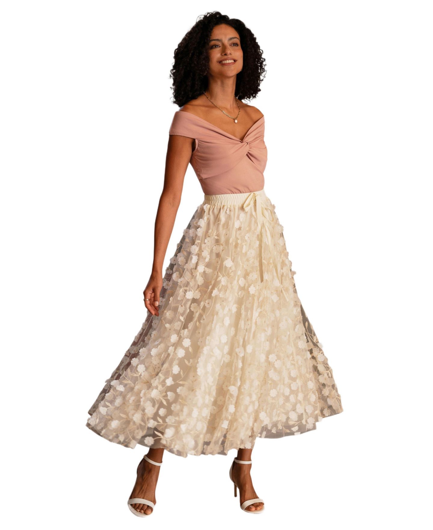 Женская юбка Yumi High-Waisted Floral-Applique Midi, цвет: Слоновая кость — фото 2