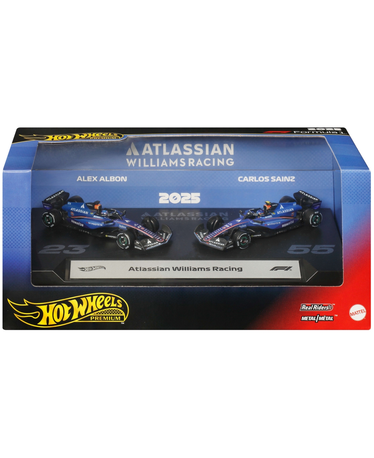 Hot Wheels 1:64 Scale Atlassian Williams Racing Sainz & Albon Premium Die-Cast Race Car, 2-Pack