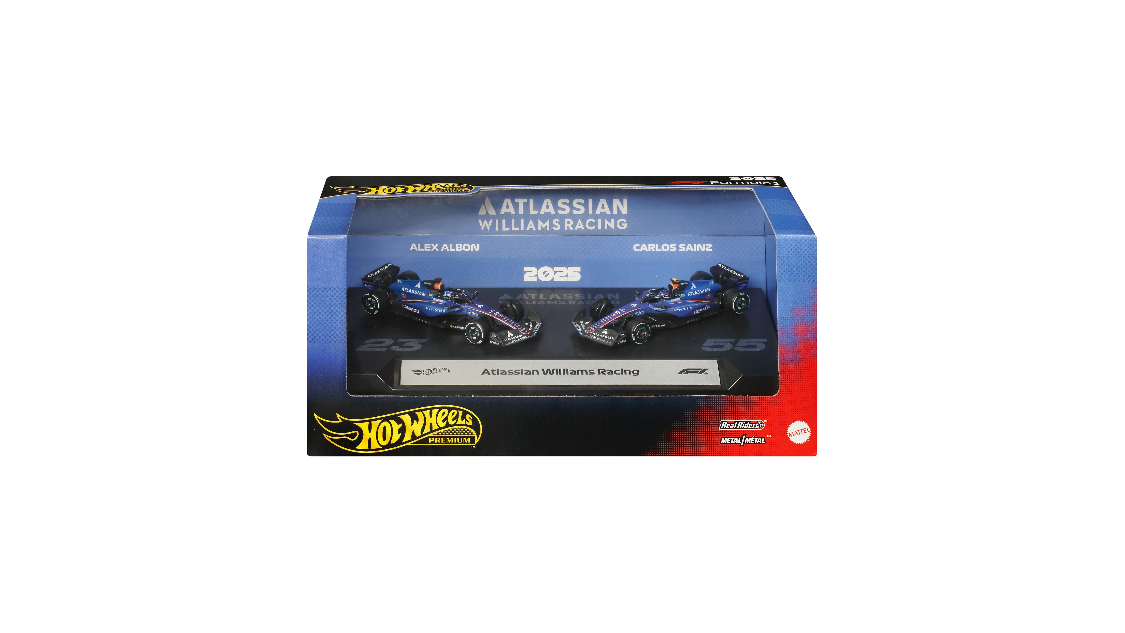 Hot Wheels 1:64 Scale Atlassian Williams Racing Sainz & Albon Premium Die-Cast Race Car, 2-Pack