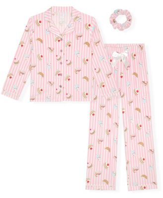 Girls' 5-16 Long-Sleeve Milky Print Pajama and Scrunchie, 3-Piece Set
