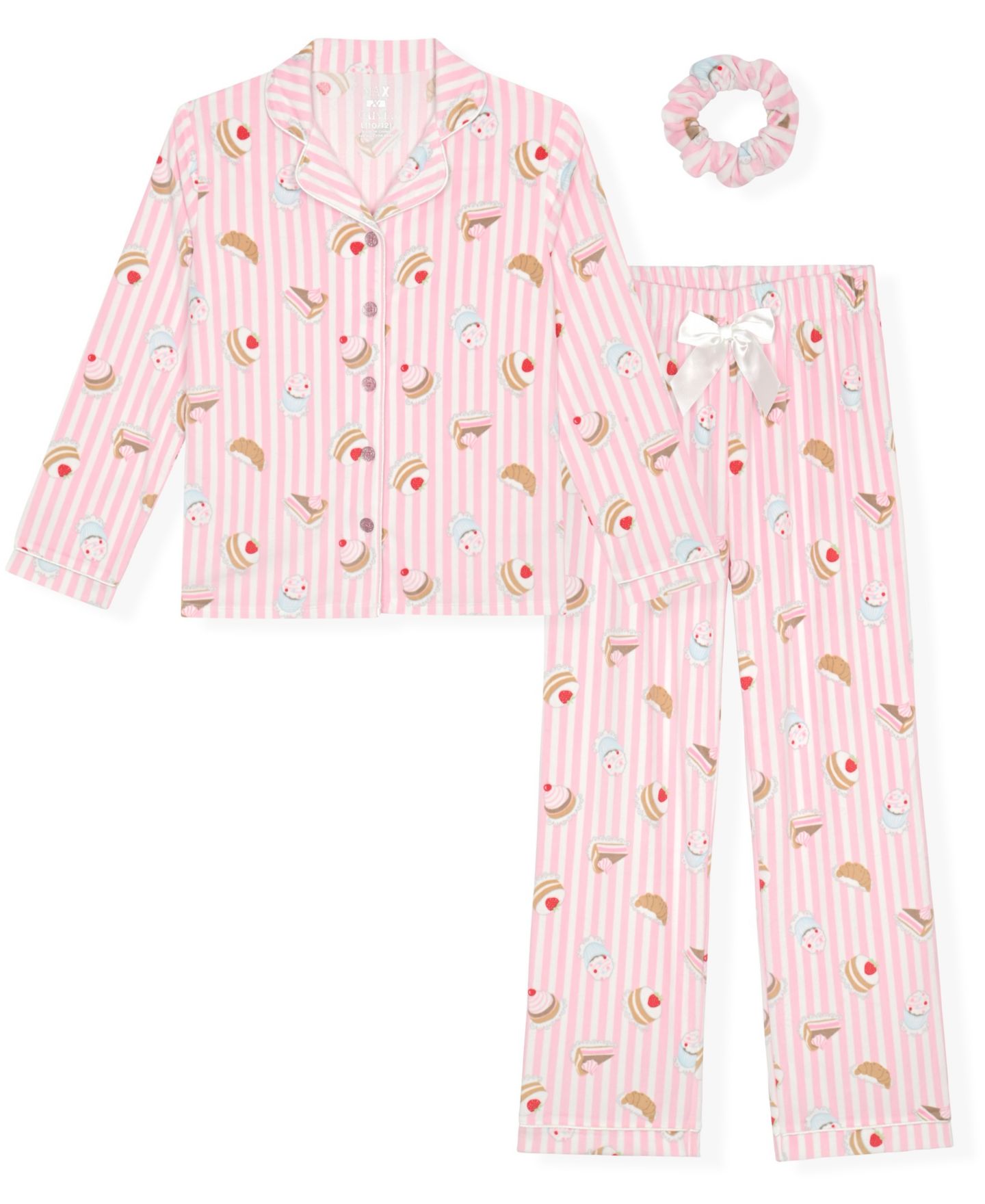Max & Olivia Girls' 5-16 Long-Sleeve Milky Print Pajama and Scrunchie, 3-Piece Set, цвет: Розовый / Белый — фото 1
