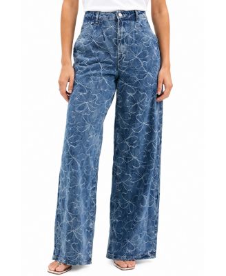 Women's Wide Leg Pleated Embroidered Denim Pants