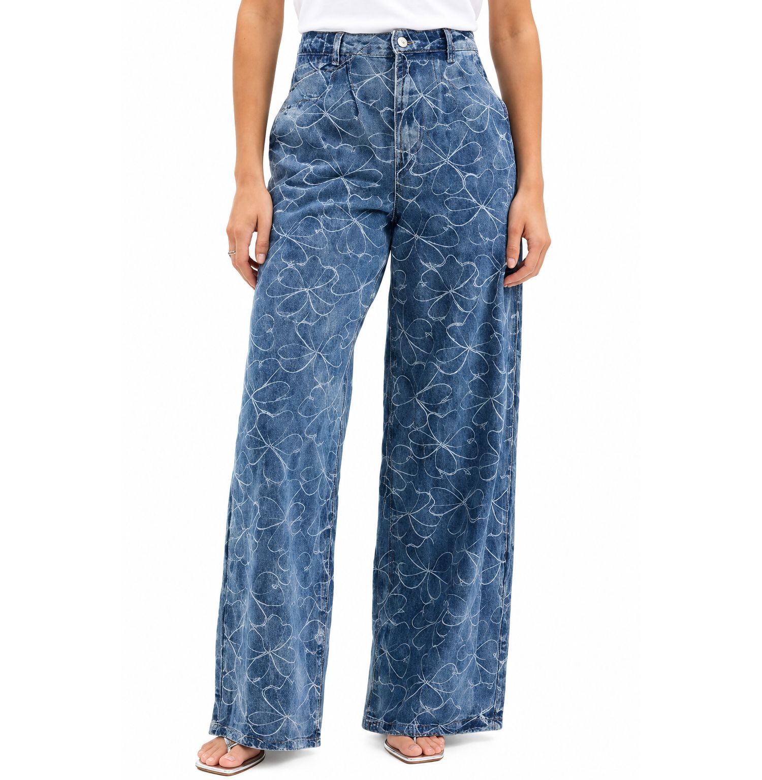 Women's Wide Leg Pleated Embroidered Denim Pants