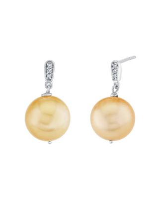 Cultured Golden South Sea Pearl (9-12mm) Diamond Accent Drop Earrings in Sterling Silver