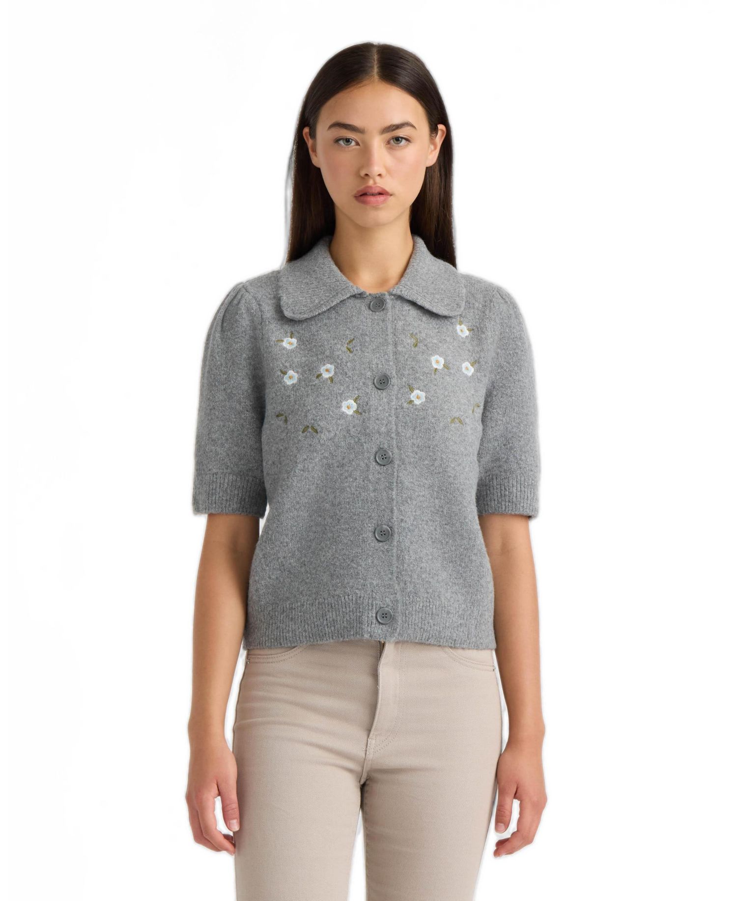 Women's Floral Embroidery Short Puff Sleeve Cardigan