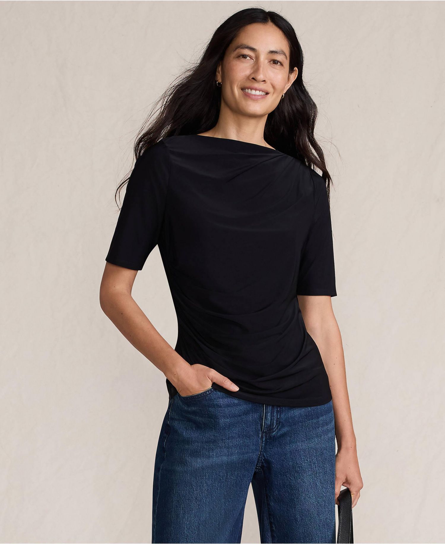 Women's Elbow-Sleeve Bateau Neckline Ruched Blouse