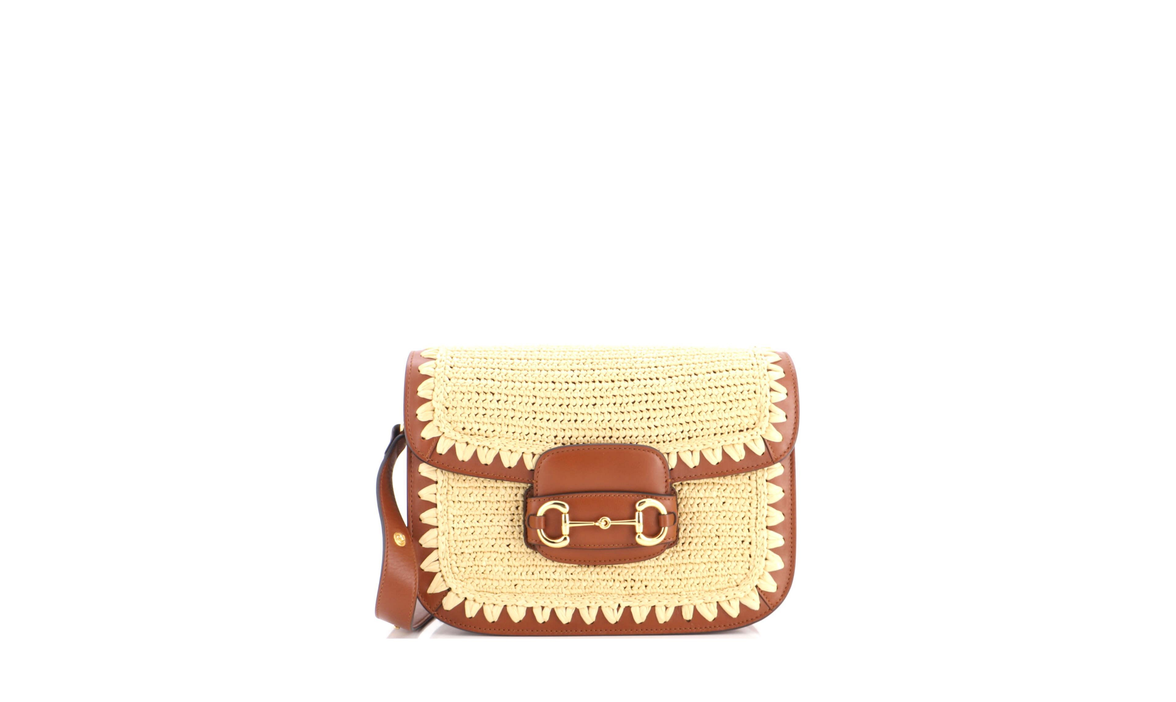 Pre-Owned Gucci Small Horsebit 1955 Shoulder Bag Raffia Effect with Leather