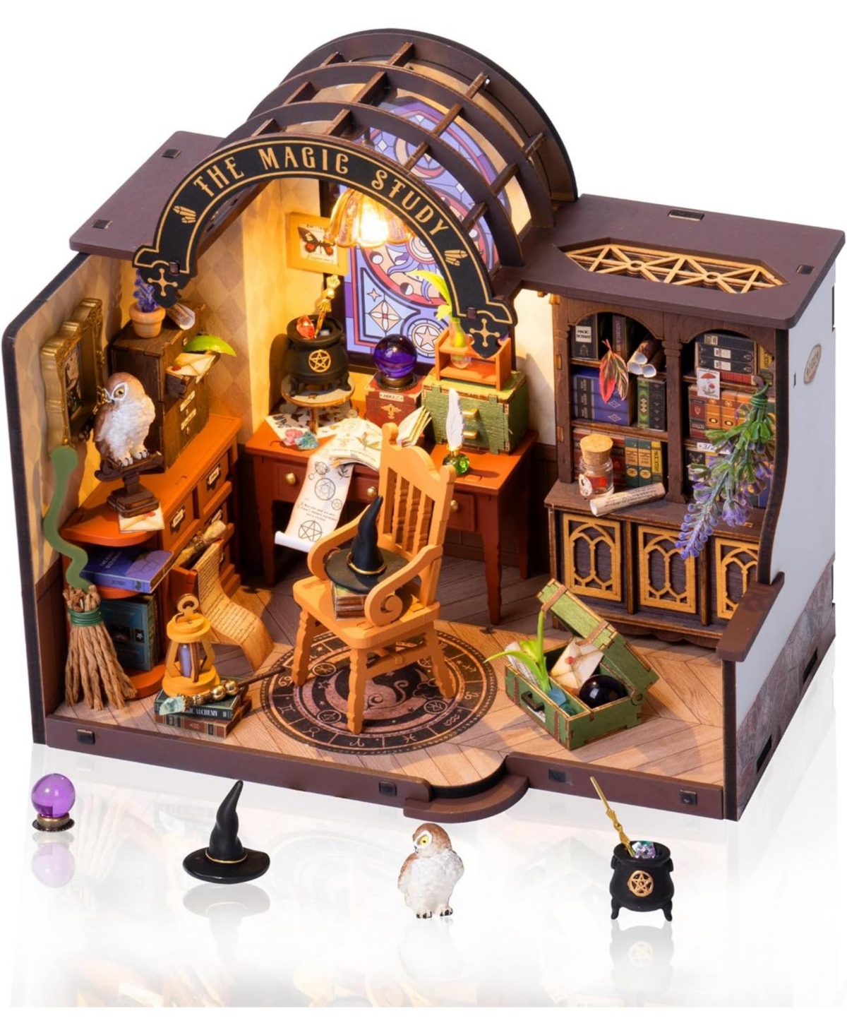 Robotime Magic Study Wizard's Library Miniature Dollhouse Kit with Led Lights, Ages 14+