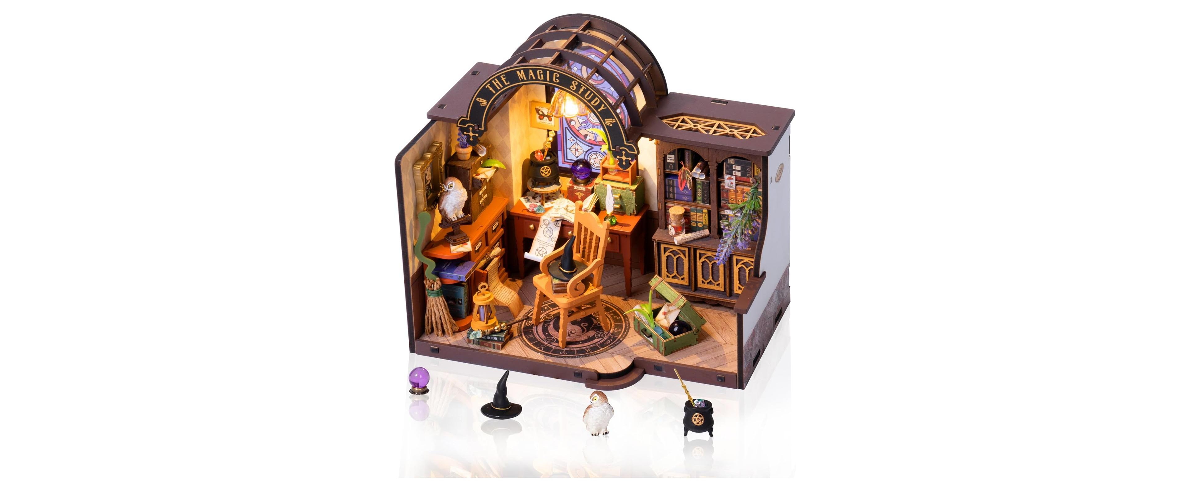 Robotime Magic Study Wizard's Library Miniature Dollhouse Kit with Led Lights, Ages 14+