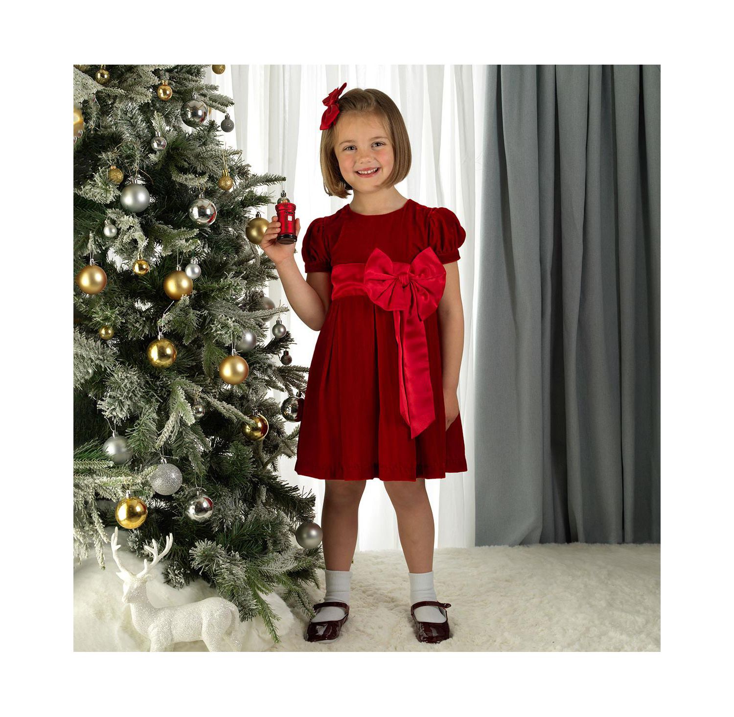 Toddler Girls' 2T-5T Crushed Velvet Puff-Sleeve Bow Dress