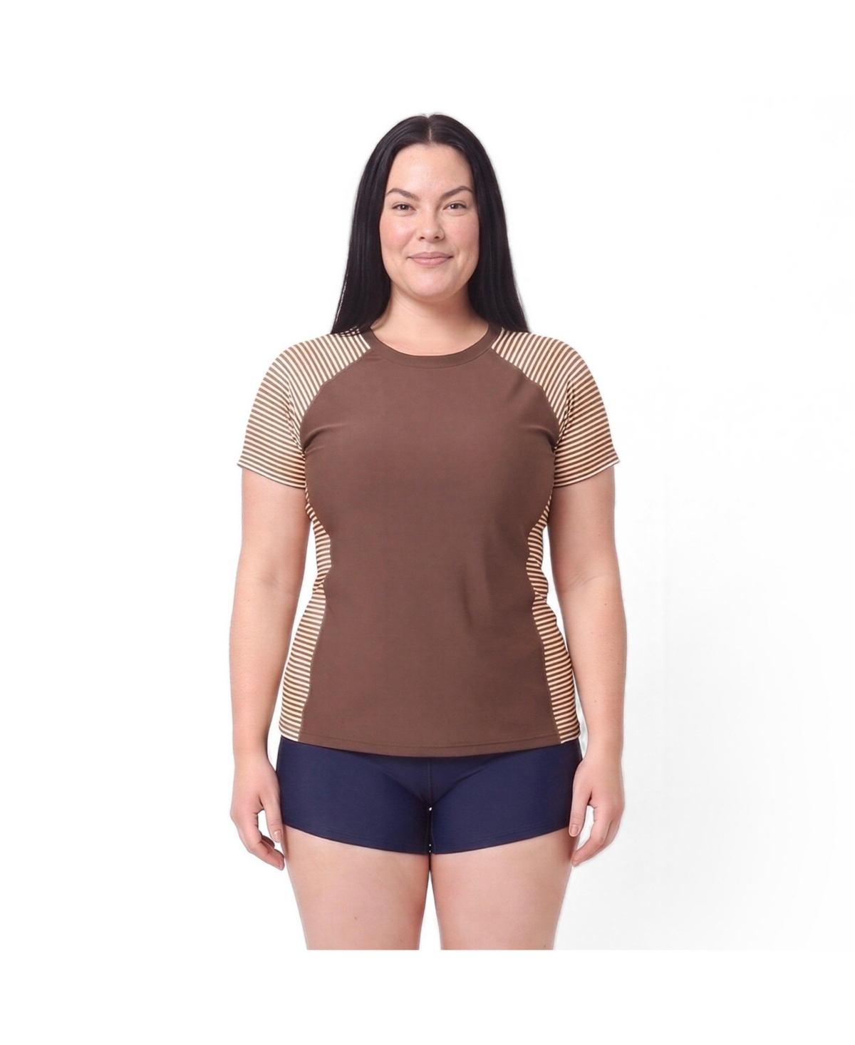 Calypsa Plus Size Loose Fit Adele Swim Top - Chocolate brown stripes