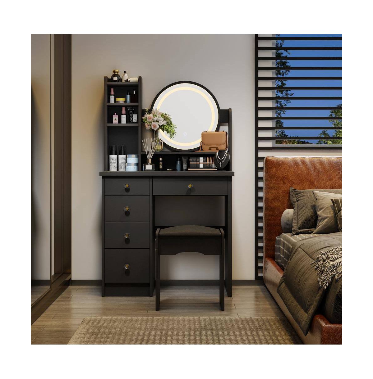 Fufu&Gaga 5-Drawers Wood Makeup Vanity Set Dressing Desk W/Stool, Led Round Mirror and Storage Shelves