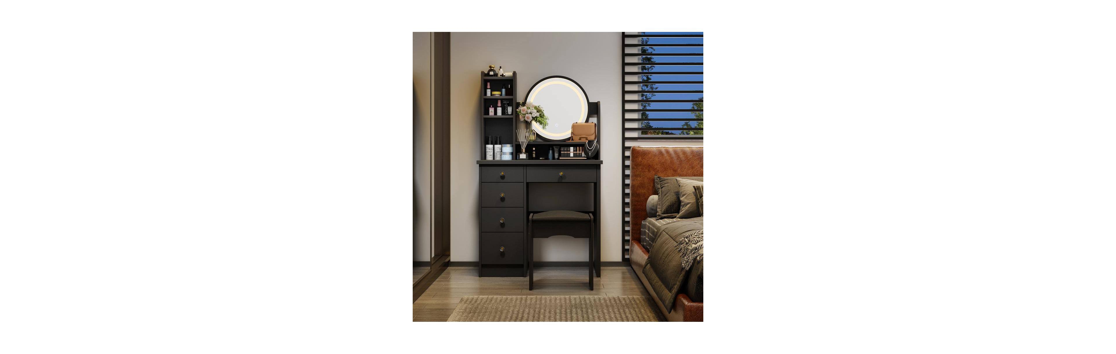 Fufu&Gaga 5-Drawers Wood Makeup Vanity Set Dressing Desk W/Stool, Led Round Mirror and Storage Shelves