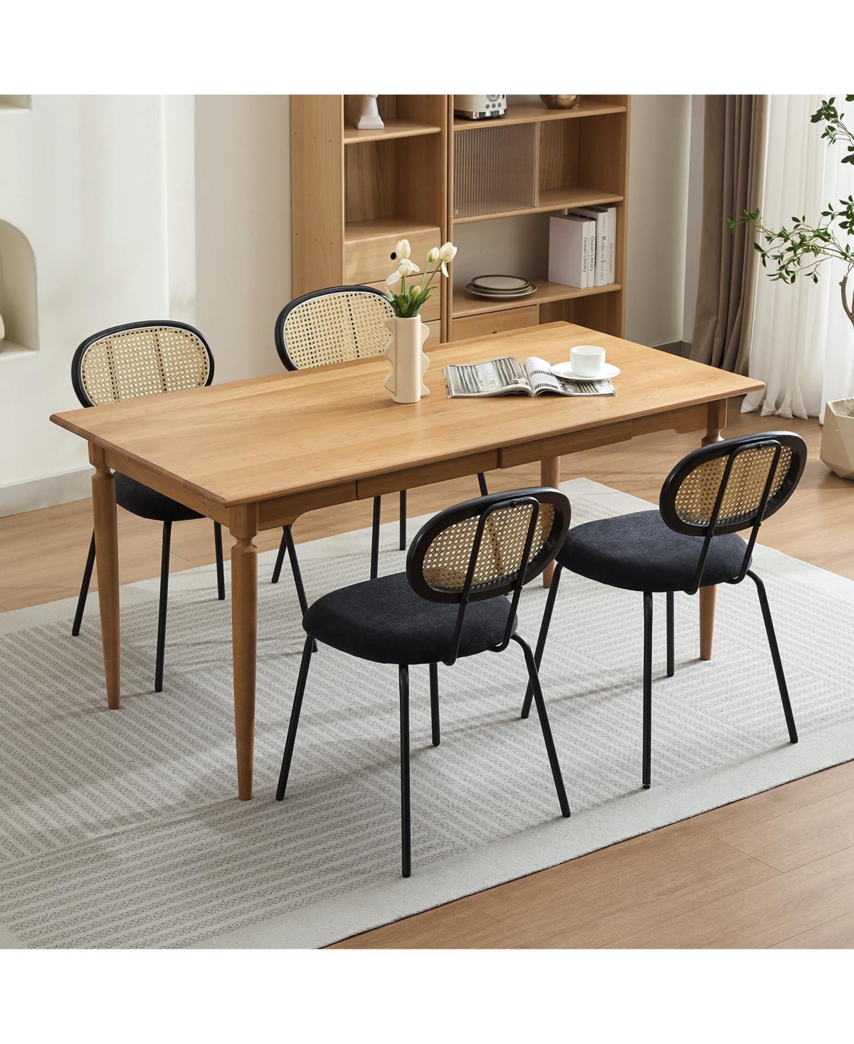 homfan Set of 4 Soft Dining Chairs with Rattan Backrest Mid-Century Modern Upholstered Seat Sturdy Metal Legs for Kitchen Dining Room