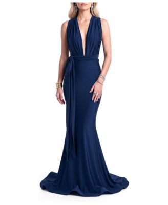 Women's Plunging V-Neck Tie-Waist Mermaid Evening Gown