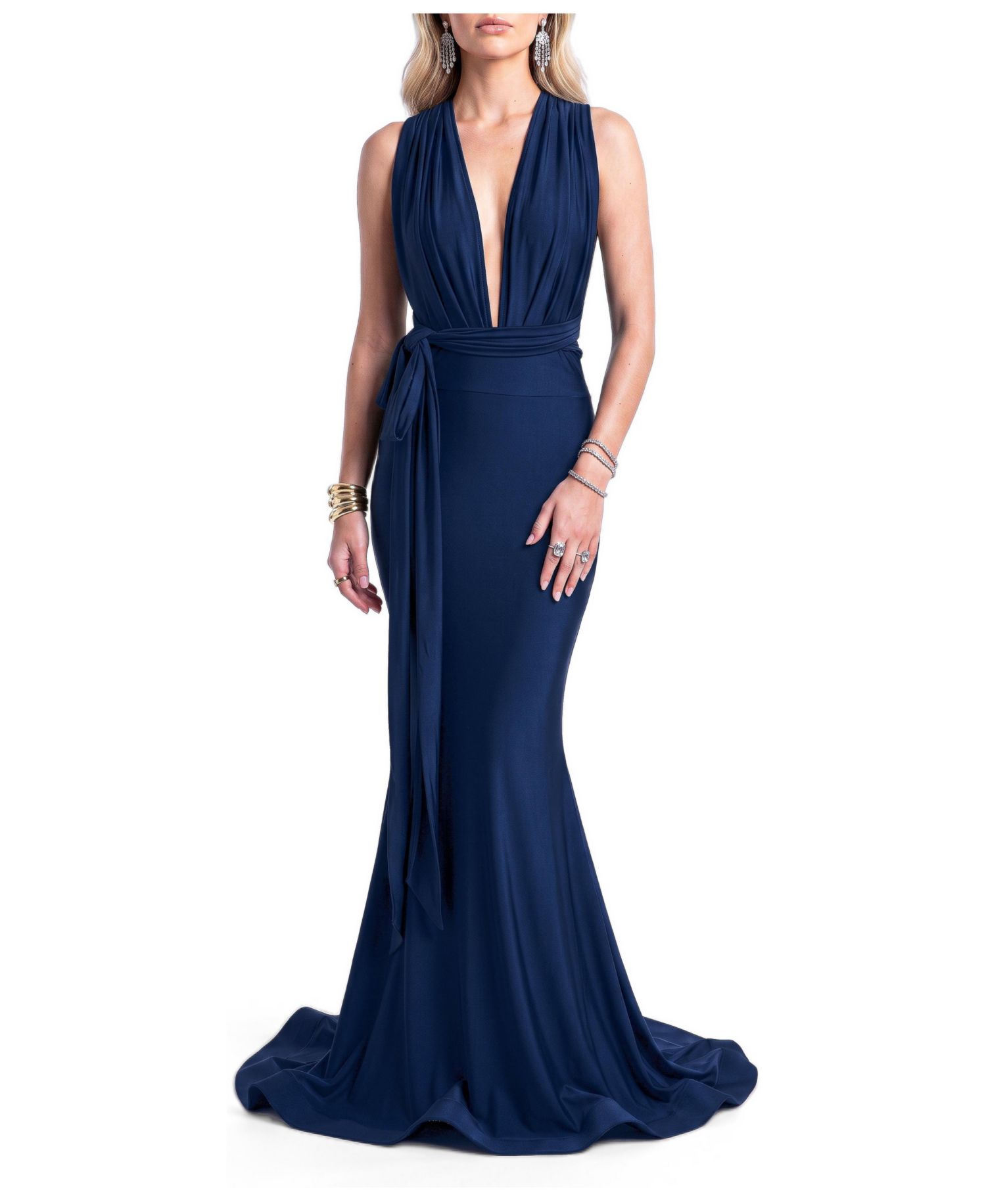 Women's Plunging V-Neck Tie-Waist Mermaid Evening Gown
