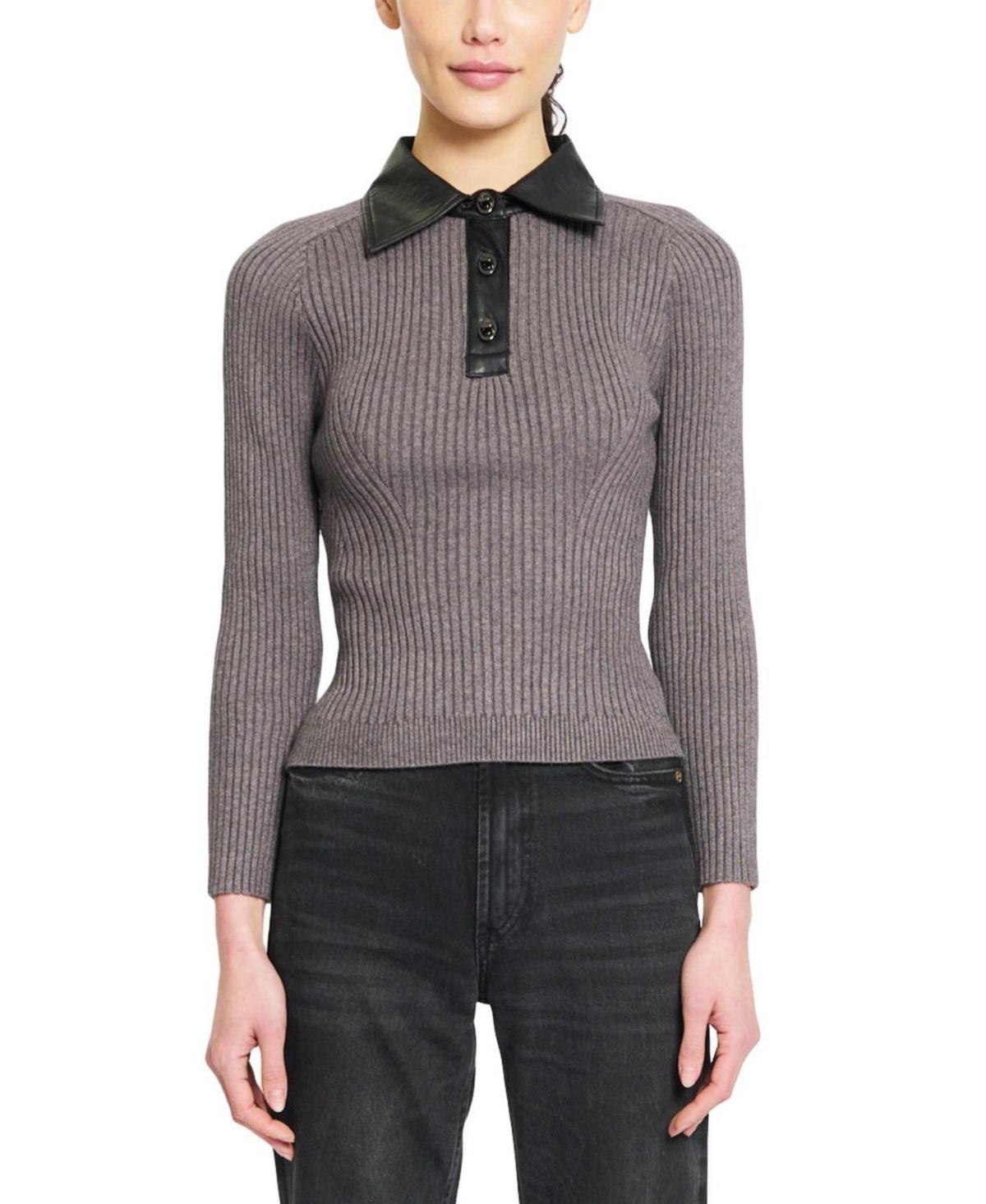 Central Park West Women's Kara Long-Sleeve Ribbed Faux-Leather Collar Polo