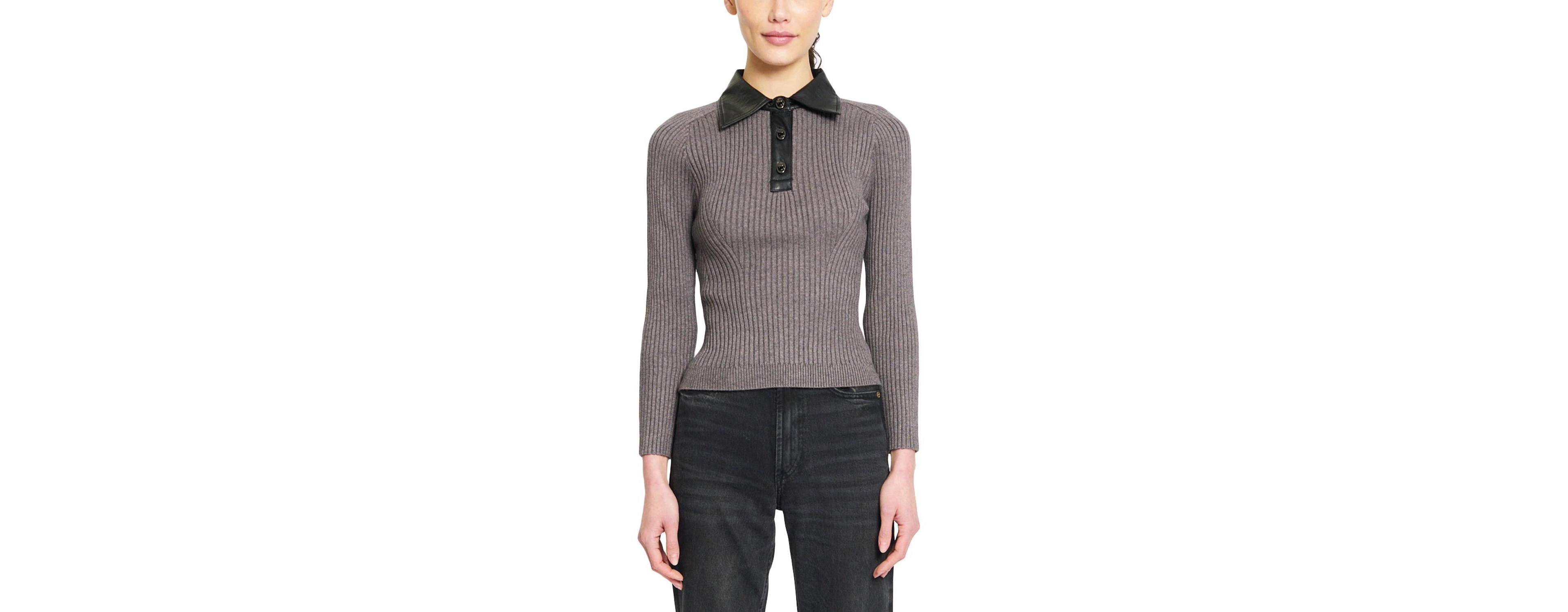 Central Park West Women's Kara Long-Sleeve Ribbed Faux-Leather Collar Polo
